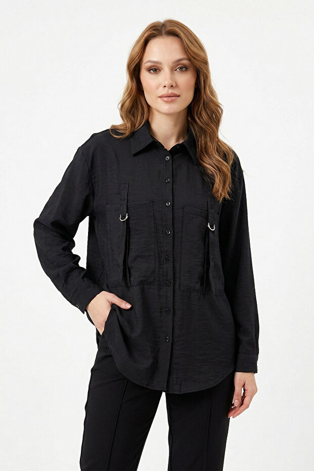 Shirt with Two Front Pockets and Buckle Detail 191 Black