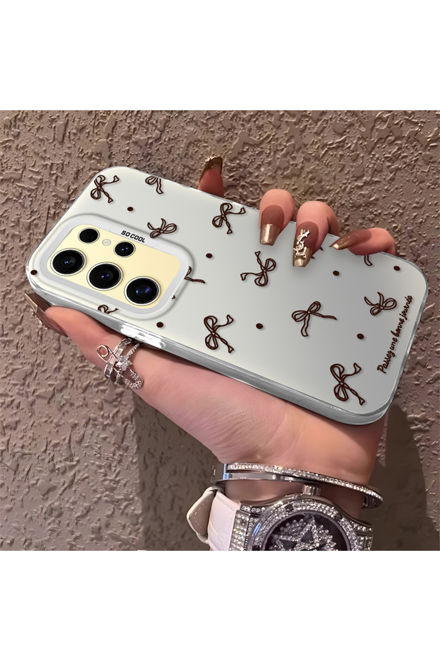 Samsung Galaxy S24 Ultra Compatible High-Quality Brown Bow and Dot Printed Case