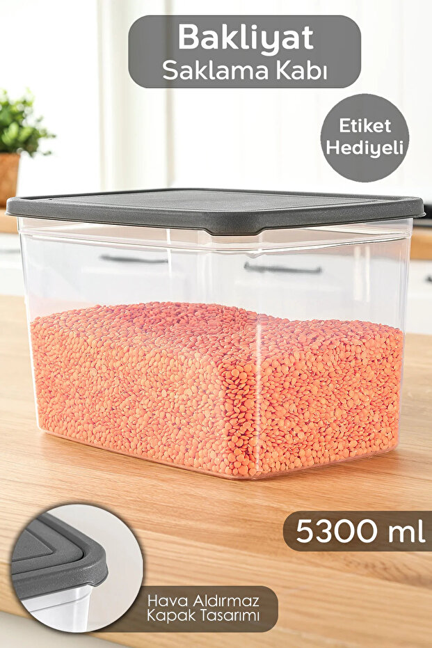 1 Deep Food Storage Container with Label - Pulses Flour Container Large Size Food Box 5300 ml Transparent