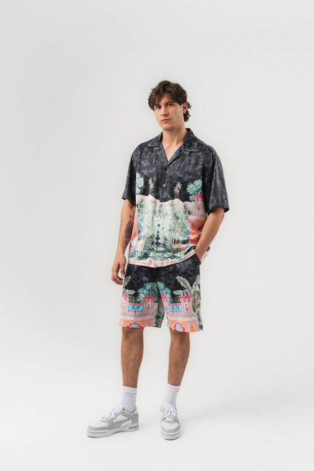 Mirage Patterned Short Sleeve Shirt and Elastic Waist Shorts Set