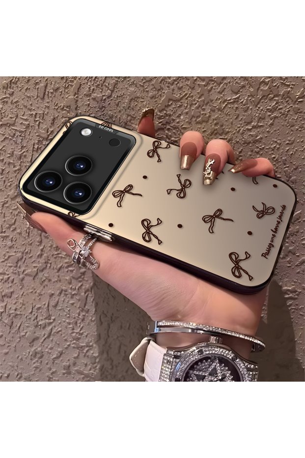 iPhone 17 Pro Max Compatible High-Quality Brown Bow and Dot Printed Case