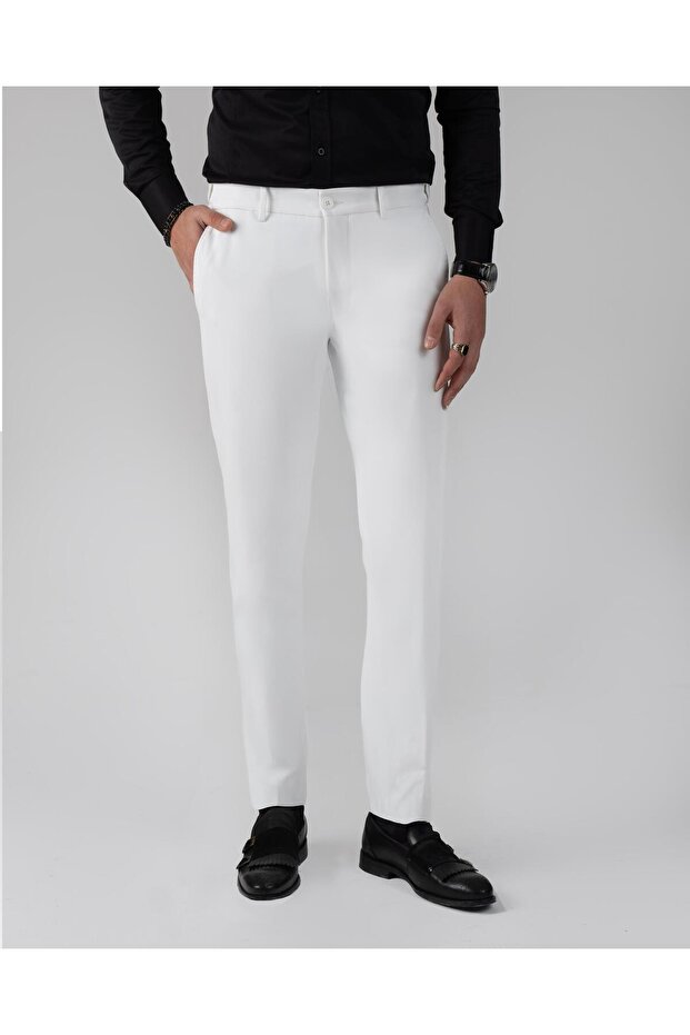 Slim Fit Bel Detailed Trousers White T13954