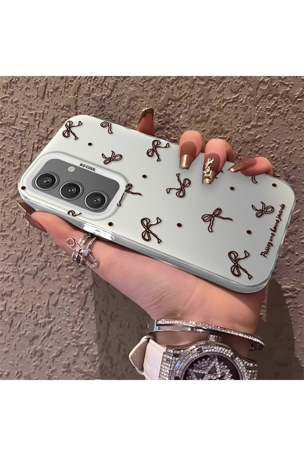 Samsung Galaxy S24 Compatible High-Quality Brown Bow and Dot Printed Case