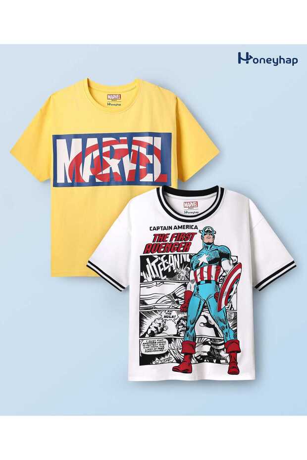 Single Jersey Knit Half Drop Shoulder Sleeve T-Shirts Avengers Graphics Pack of 2 - Yellow & White