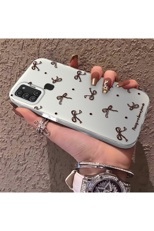 Samsung Galaxy A21S Compatible High-Quality Brown Bow and Dot Printed Case