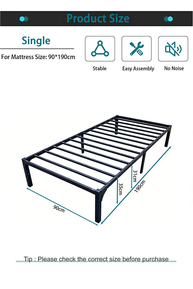 Metal Bed Frame: Simple, heavy-duty single platform with under-bed storage.