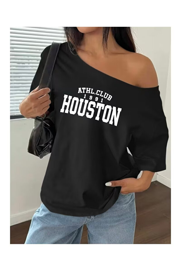 Women's Boat Neck Houston 1991 Printed Oversize 100% Cotton T-Shirt