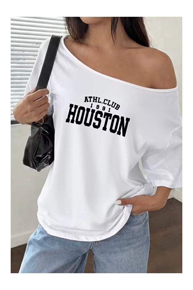 Women's Boat Neck Houston 1991 Printed Oversize 100% Cotton T-Shirt