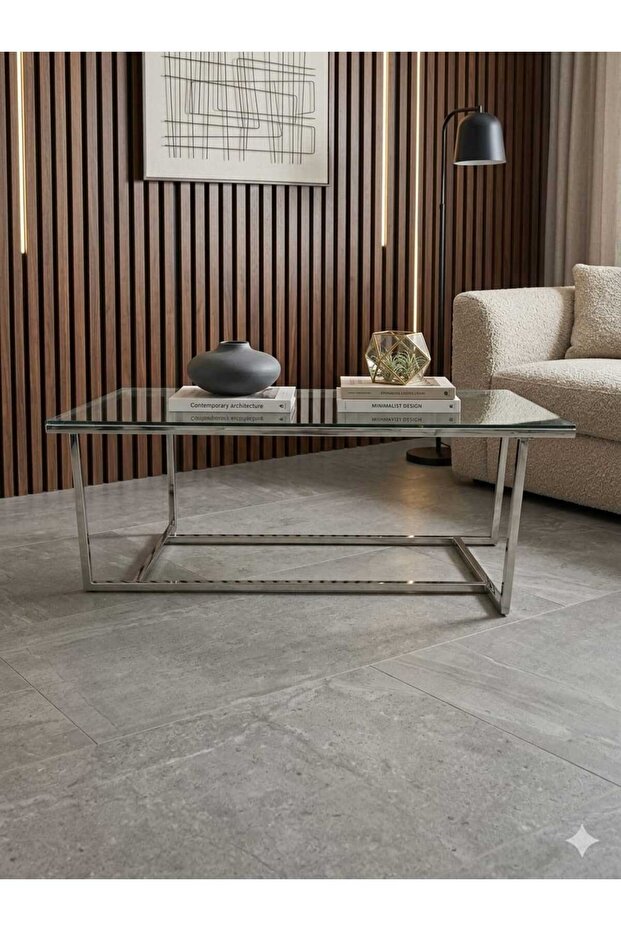 طاولة قهوة مستطيلة مودرن بسطح زجاجي وإطار معدني أنيق – 120×60 سم