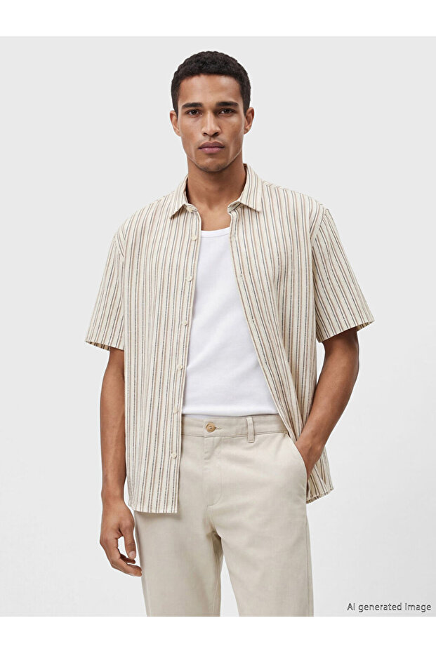 Ecru Regular Fit Striped Linen Look Men's Shirt