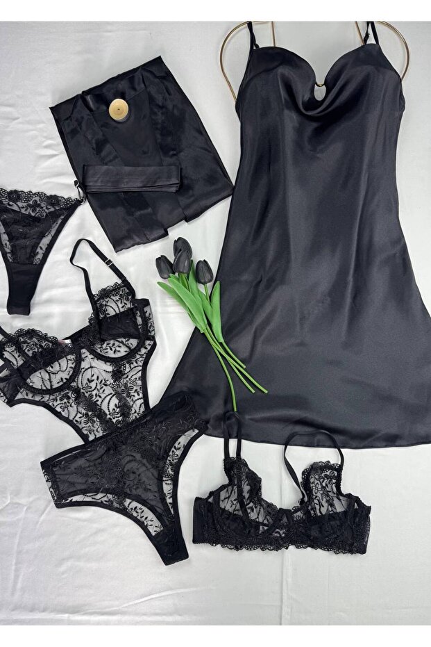 5-Piece Satin Nightgown, Dressing Gown, Lingerie Set, Bodysuit, Mini Dowry Set