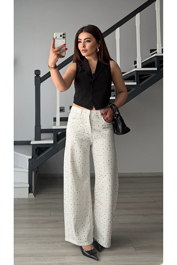 White tensl stone wide leg jeans