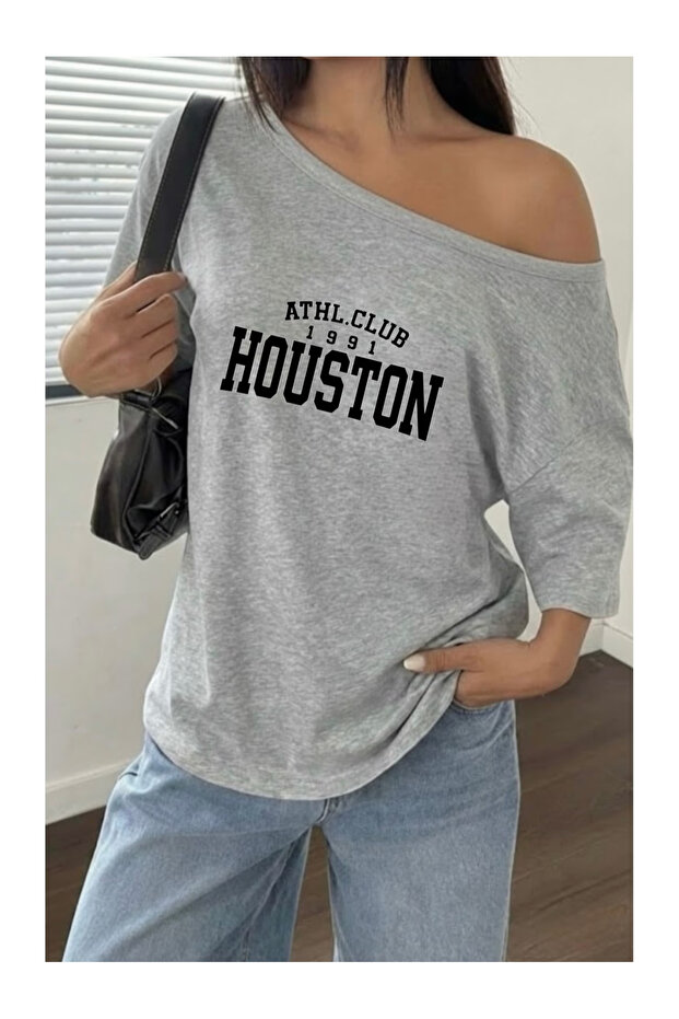 Women's Boat Neck Houston 1991 Printed Oversize 100% Cotton T-Shirt