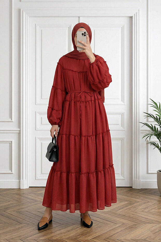 Layered Lined Long Dress - Red