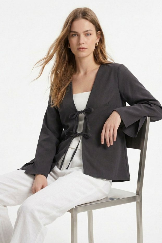 Anthracite Slit Spanish Sleeve Front Tie Kimono 5425