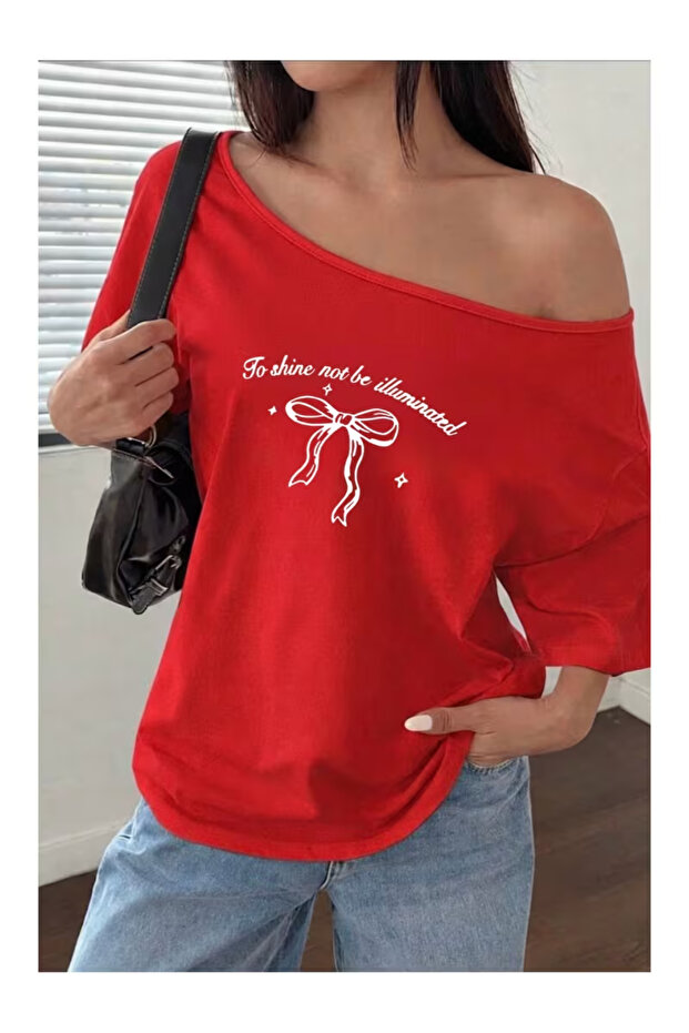 Women's Boat Neck Shine Printed Oversize 100% Cotton T-Shirt