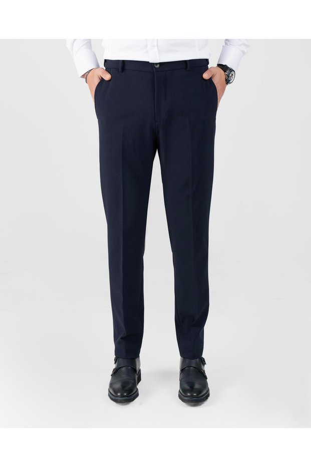 Italian Style Slim Fit Men's Trousers with Details in Navy Blue T13950