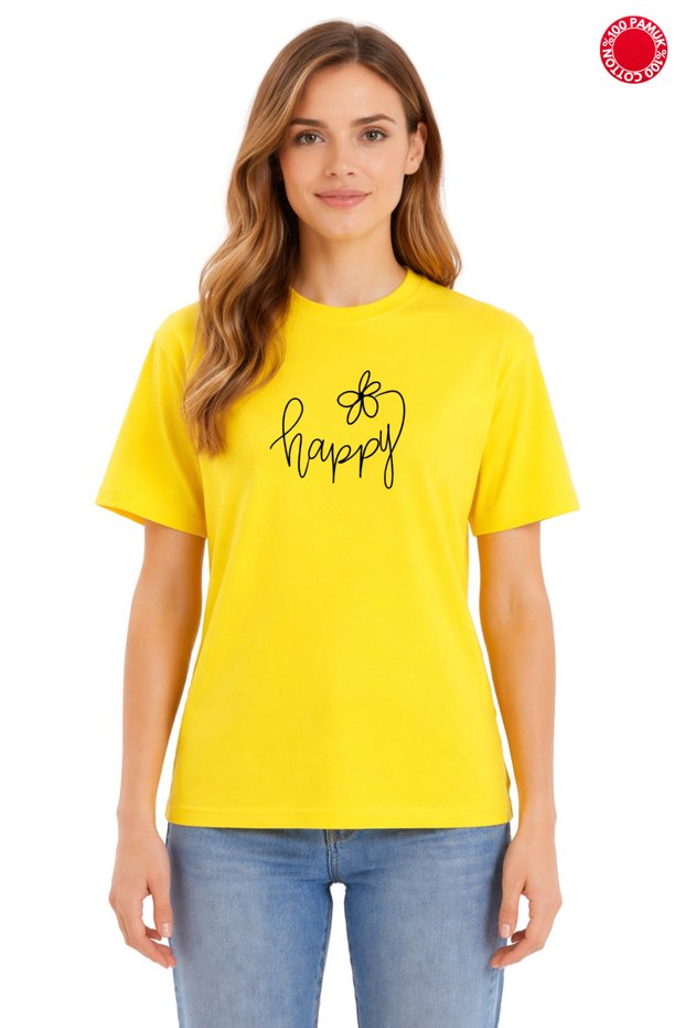 Unisex Oversize Yellow T-Shirt 100% Cotton Happy Written Floral Printed Casual Streetwear T-Shirt