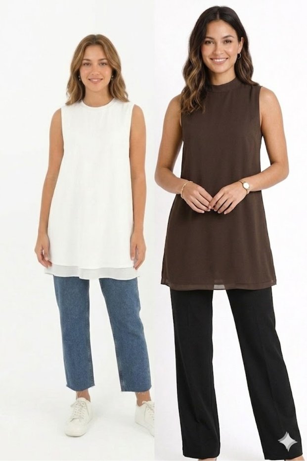 Women's Brown - Ecru Colored 2-Piece Sleeveless Undershirt Tunic with Chiffon Detail on the Front