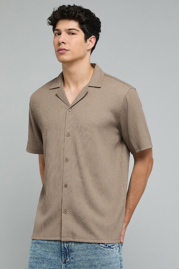 Textured Shirt with Revere Collar and Short Sleeves