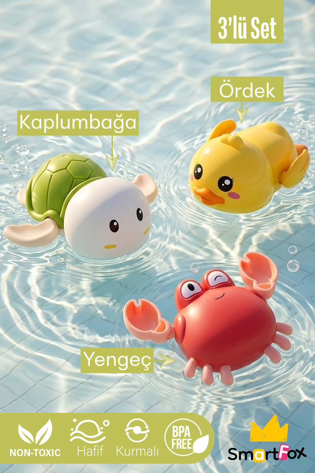 Smartfox Yüzen 3’lü Su Oyuncağı Banyo Arkadaşı-Ördek, Kaplumbağa ve Yengeç Kurmalı Banyo Oyuncakları - 3 Adet