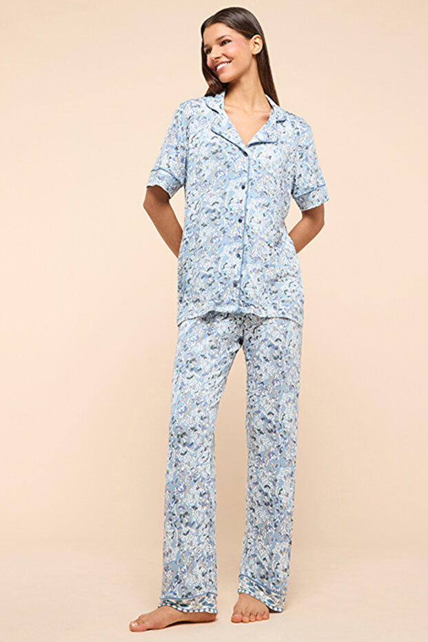 Printed Lapel Collar Pyjama Set - 4