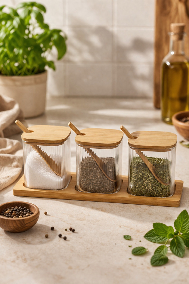 Set of 3 Glass Spice Jars with Bamboo Lids and Stands – Borosilicate Glass Jar Set with Spoons