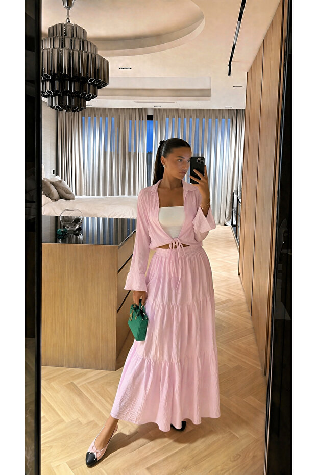 Pink Skirt Suit with Knot Detail on the Front