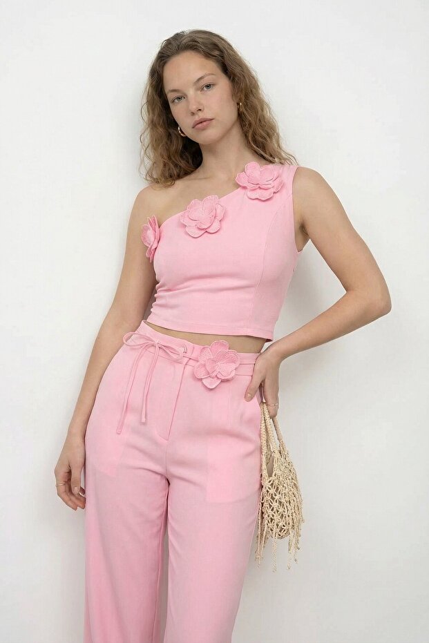 Atlas Double Fabric One-Shoulder Crop Top and Floral Accessory Pants Set
