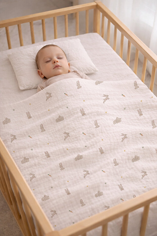 Muslin Baby Blanket 120 cm X 120 cm – Soft Bunny Patterned 100% Cotton Multi-Purpose Blanket