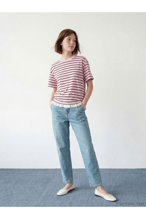Trendlucky Slouchy Fit Women's Jean Pants with Elastic Waist with Difference in Color