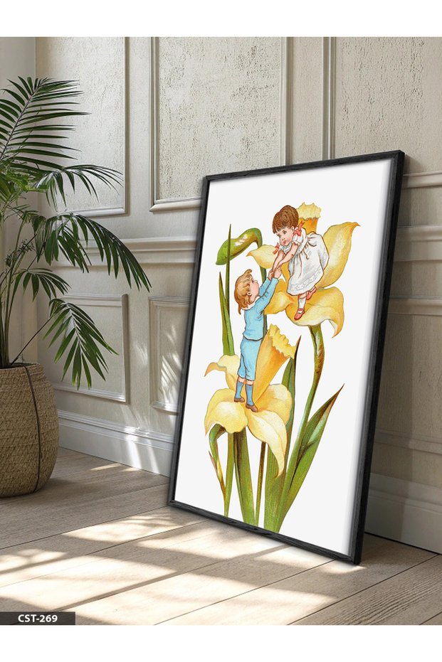 Yellow Flowers and Children One Piece Black Wooden Framed Painting