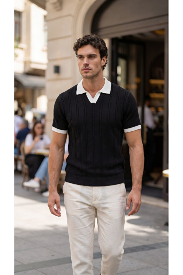Men's Knitted Pattern Collared Short Sleeve Knitwear T-Shirt - 100% Cotton Acrylic