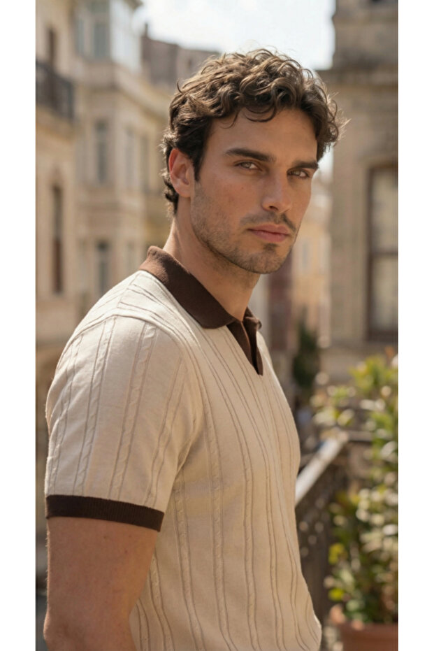 Men's Knitted Pattern Collared Short Sleeve Knitwear T-Shirt - 100% Cotton Acrylic