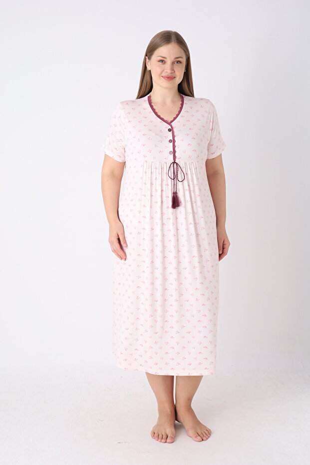 Women's Plus Size Elegant Collar Lace and String Detailed Ring Viscose Short Sleeve Nightgown
