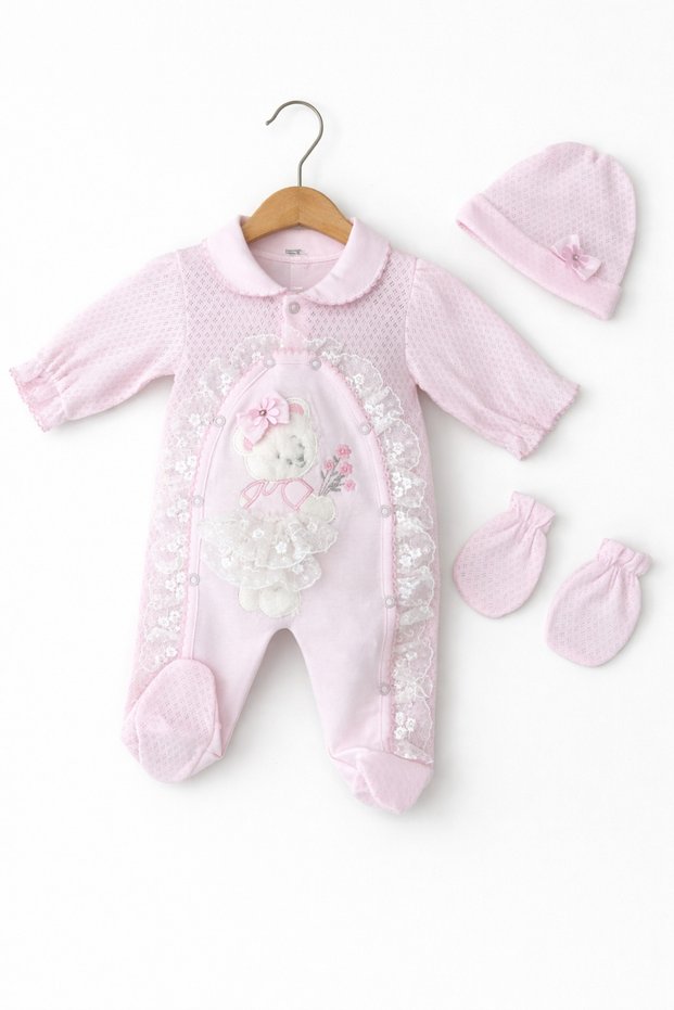 Teddy Bear Detail Baby Collar Baby Girl Jumpsuit
