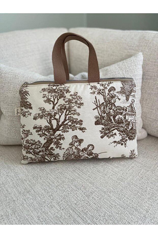 Handmade Brown Toile De Jouy Pattern 11 Inch Tablet Bag Casual Handbag Women's Bag