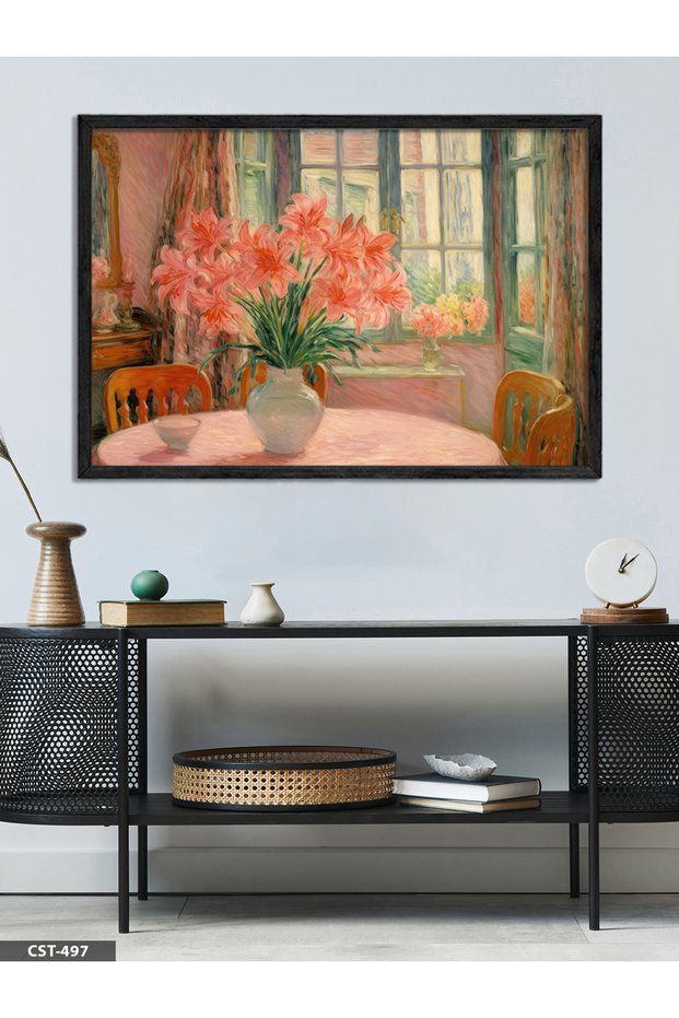 Oil Painting Pink Flowers One Piece Black Wooden Framed Painting