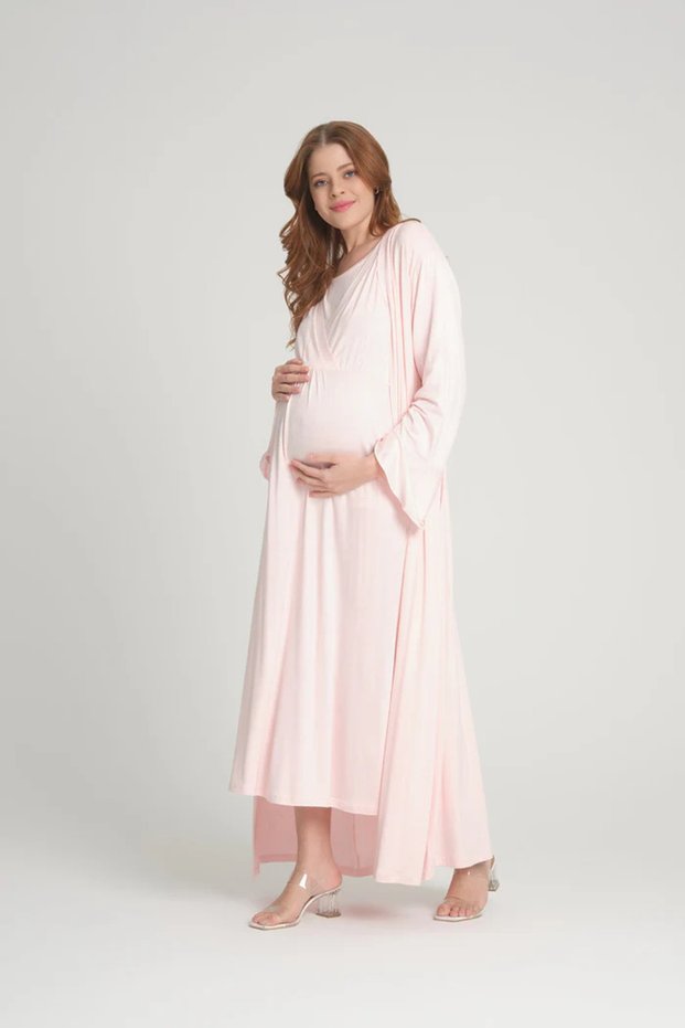 Cotton Maternity Nightgown and Dressing Gown Set with Hidden Nursing Compartment - Set of Two with Gathered Waist