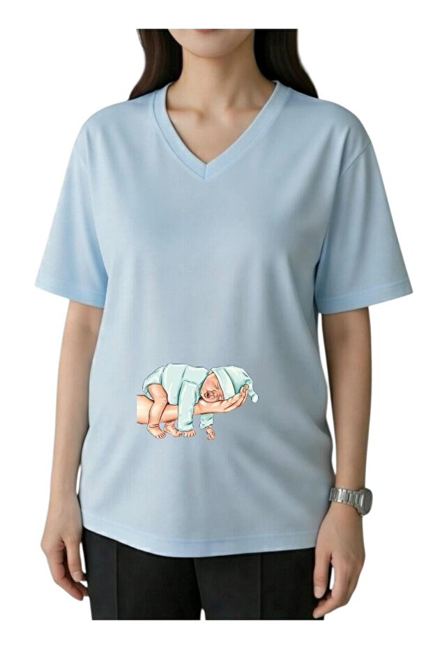 Elde Baby Printed V-Neck Oversized Maternity T-Shirt 1Gj6