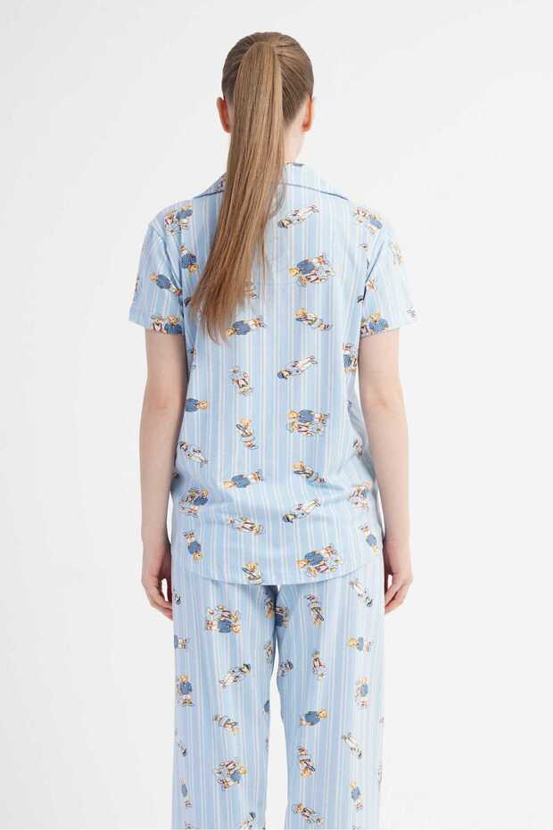 Women's Blue Lyc Suprem Shirt Collar Buttoned Short Sleeve Pocket Blouse