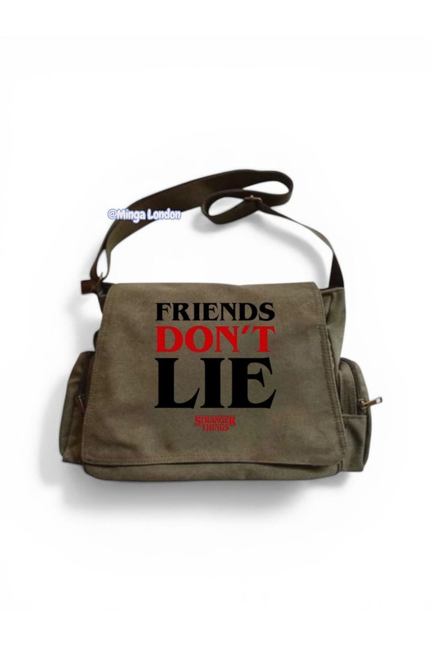 Khaki Friends Don'T Lie Stranger Things Printed School, Course, Classroom Messenger Bag -Mingalondon