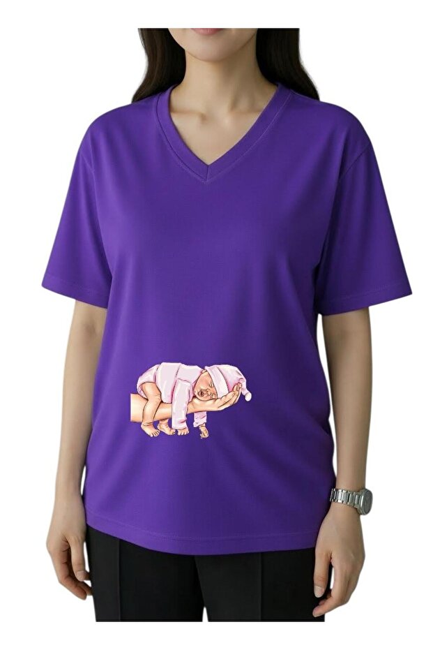 Elde Pink Baby Printed V-Neck Oversized Maternity T-Shirt 1Gj4