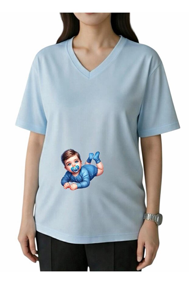 Retiring Baby Boy Printed V-Neck Oversized Maternity T-Shirt 1Gj2