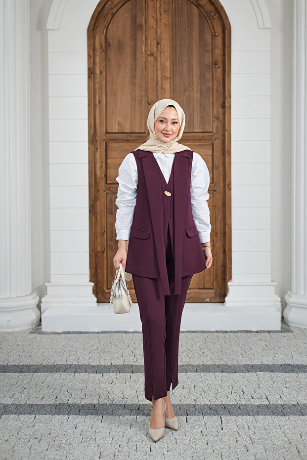 Women's Gold Button Detailed Vest Suit in Plum