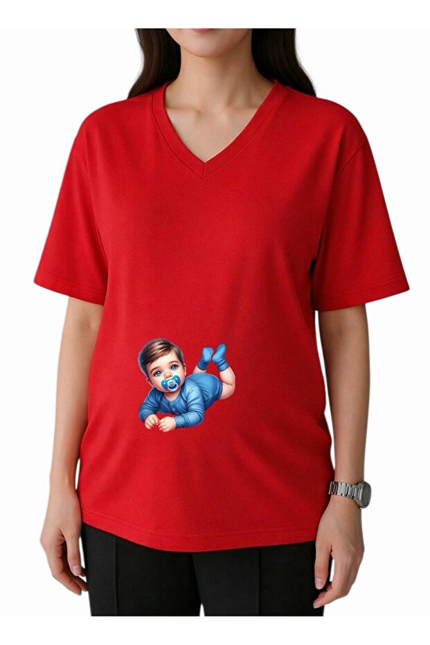 Retiring Baby Boy Printed V-Neck Oversized Maternity T-Shirt 1Gj2