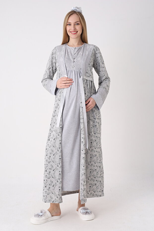 Floral Patterned Maternity Nightgown with Dressing Gown, 2-Piece Set