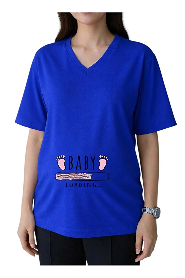 Baby Loadi̇ng Pink Foot Printed V-Neck Oversized Maternity T-Shirt 1Gj3