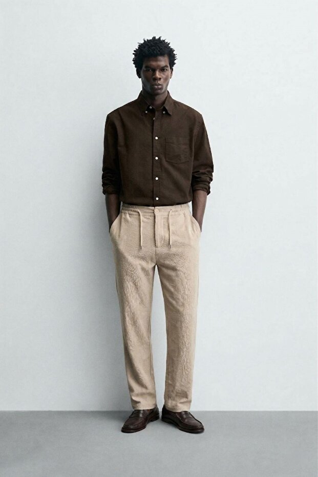 Men's Porto Linen Textured Trousers Beige – Lace-Up, Buttoned, Long Length, Modern Cut