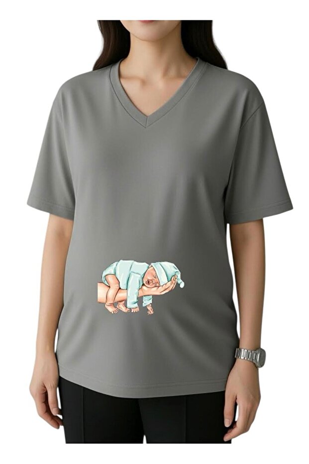 Elde Baby Printed V-Neck Oversized Maternity T-Shirt 1Gj6